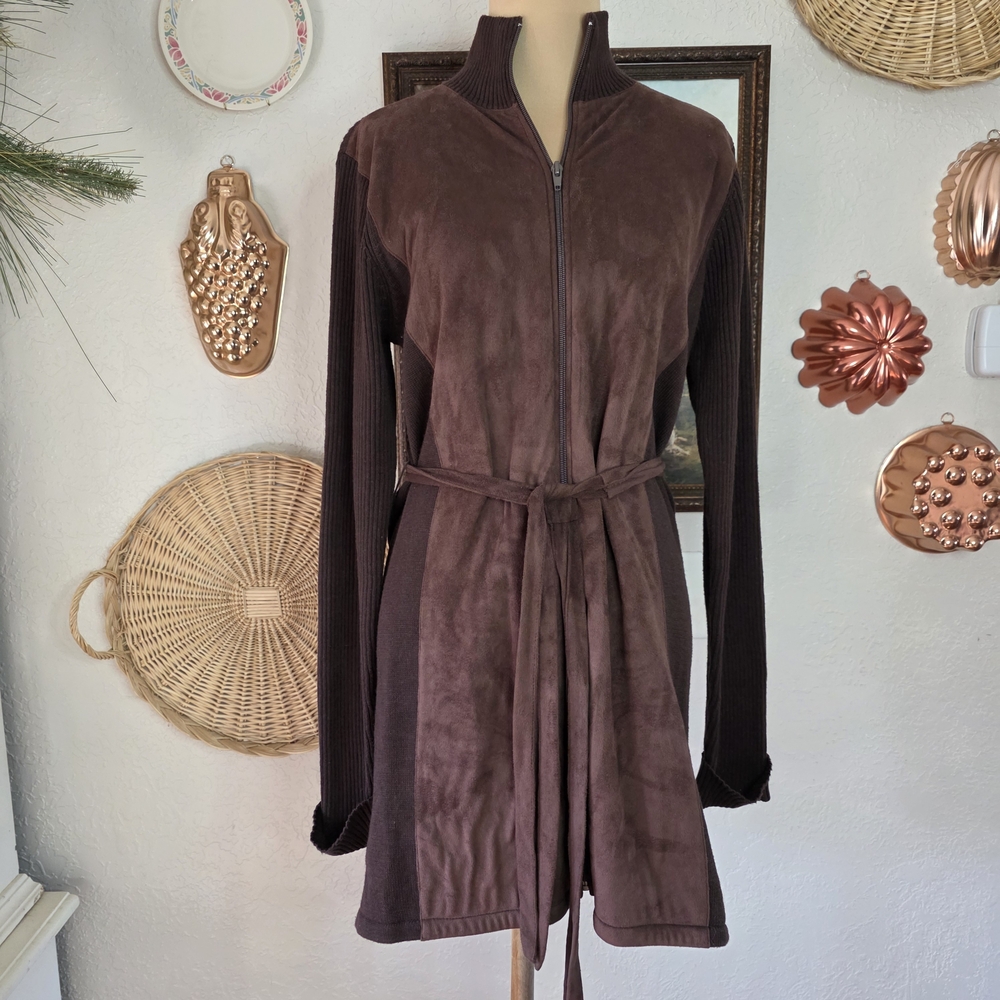 Avon Y2K Vintage Women's Brown Faux Suede Zip Front Sweater Long Jacket